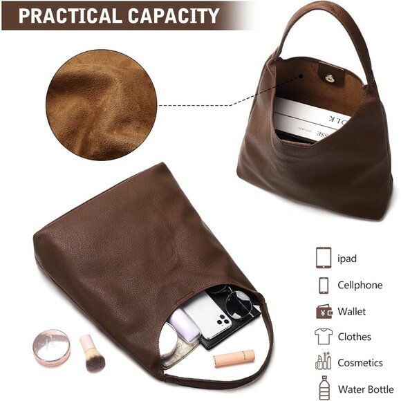 Versatile Slouchy Tote Bag in Coffee Vegan Leather - Perfect for Women on the Go - Picture 6 of 6